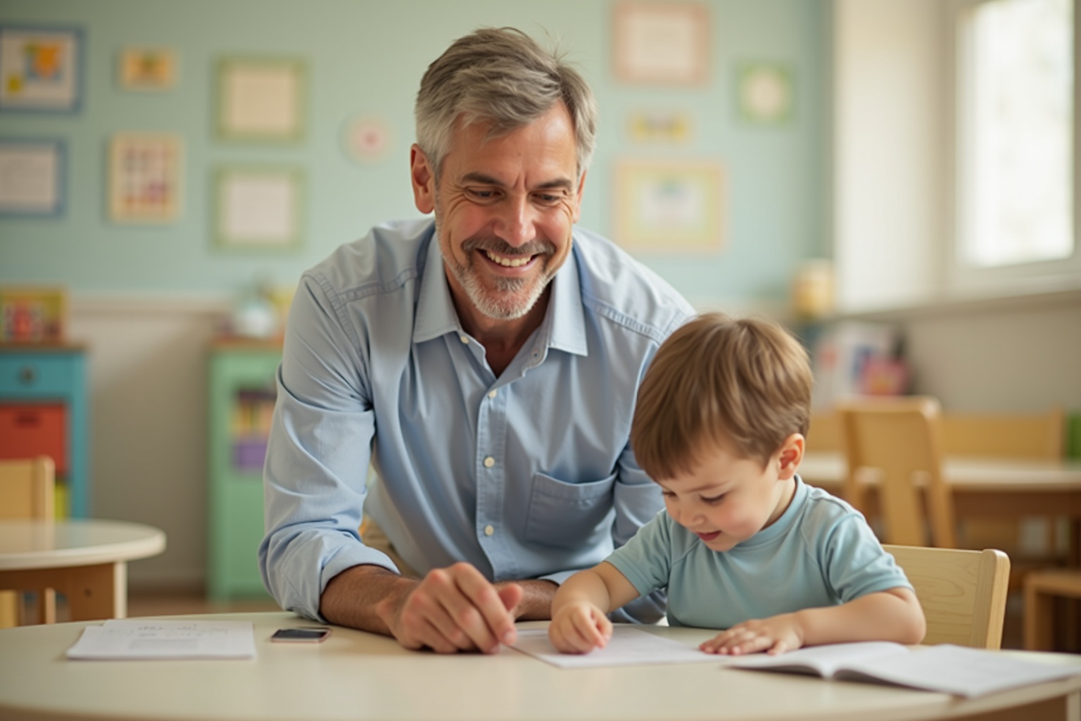 A childcare operator working alongside a teacher in a bright classroom