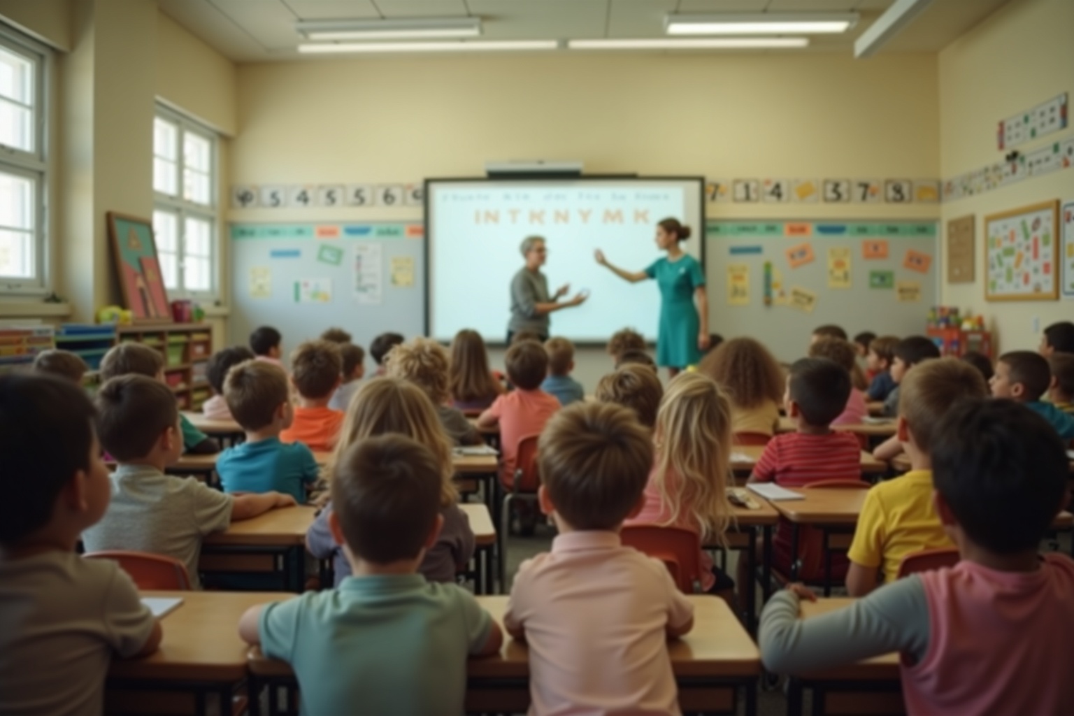 A kindergarten classroom from the back showing a teacher and many students