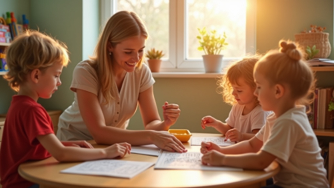 Kindergarten classroom showing a teacher with many students