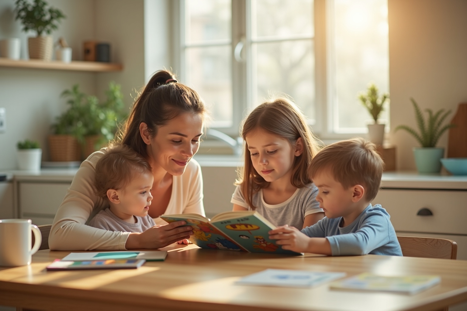 A parent reading a book with two young children at a kitchen table