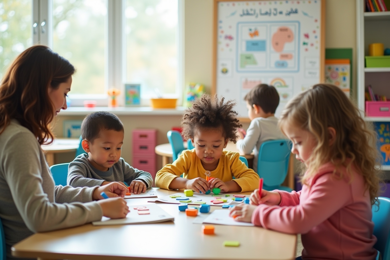A pre-K classroom showing children in small learning groups with their teacher