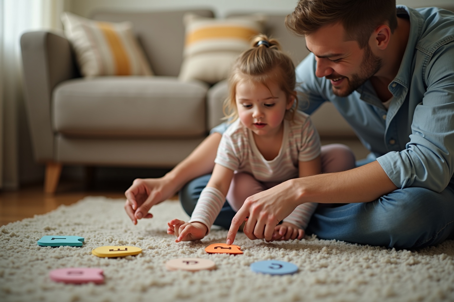 A father practicing letter recognition with his preschool-aged daughter