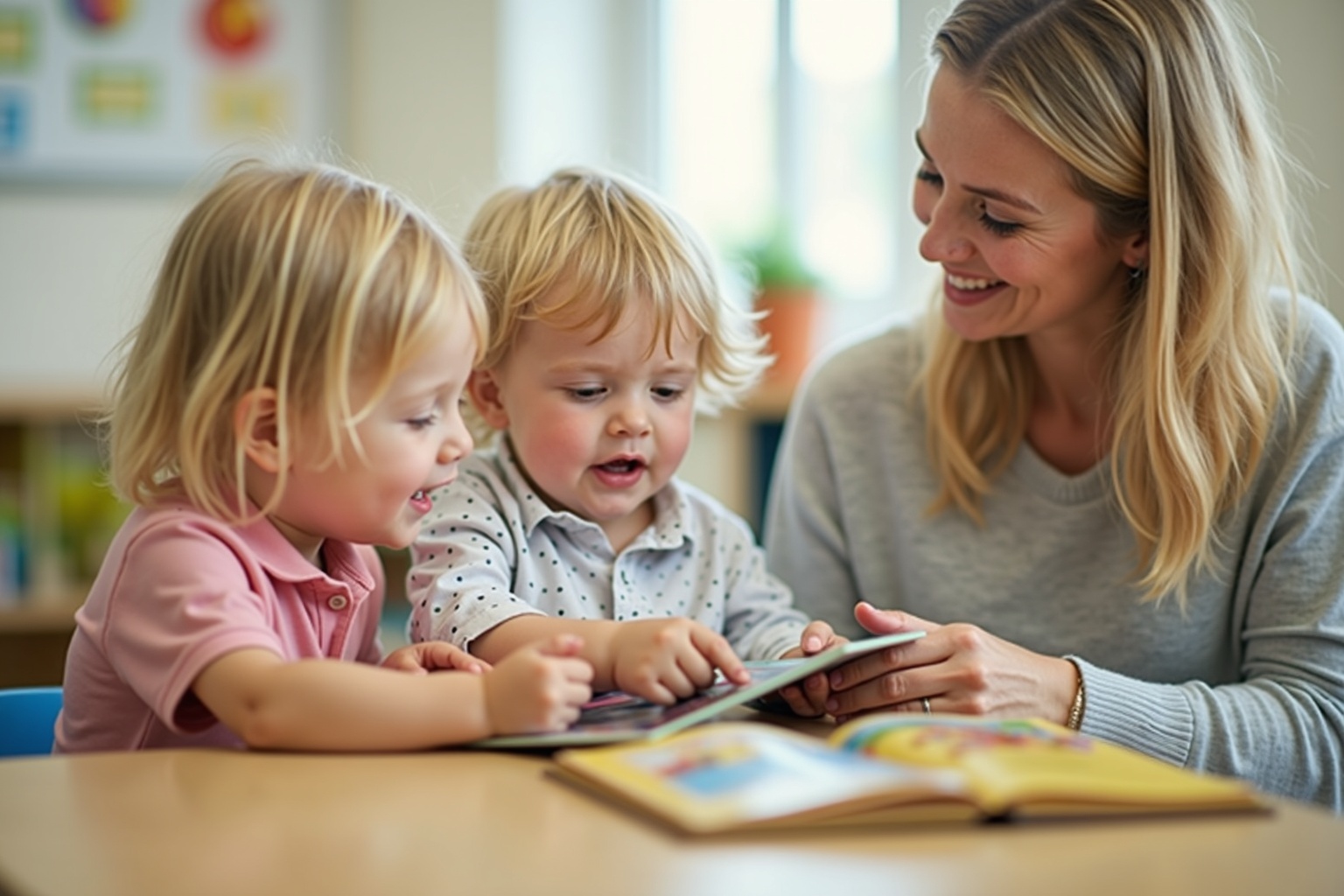 A child reading aloud from a book they are holding, with a teacher beside them